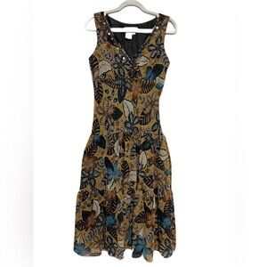 Coldwater Creek Leaf Floral Print Drop Waist Sleeveless Dress - Brown and Blue